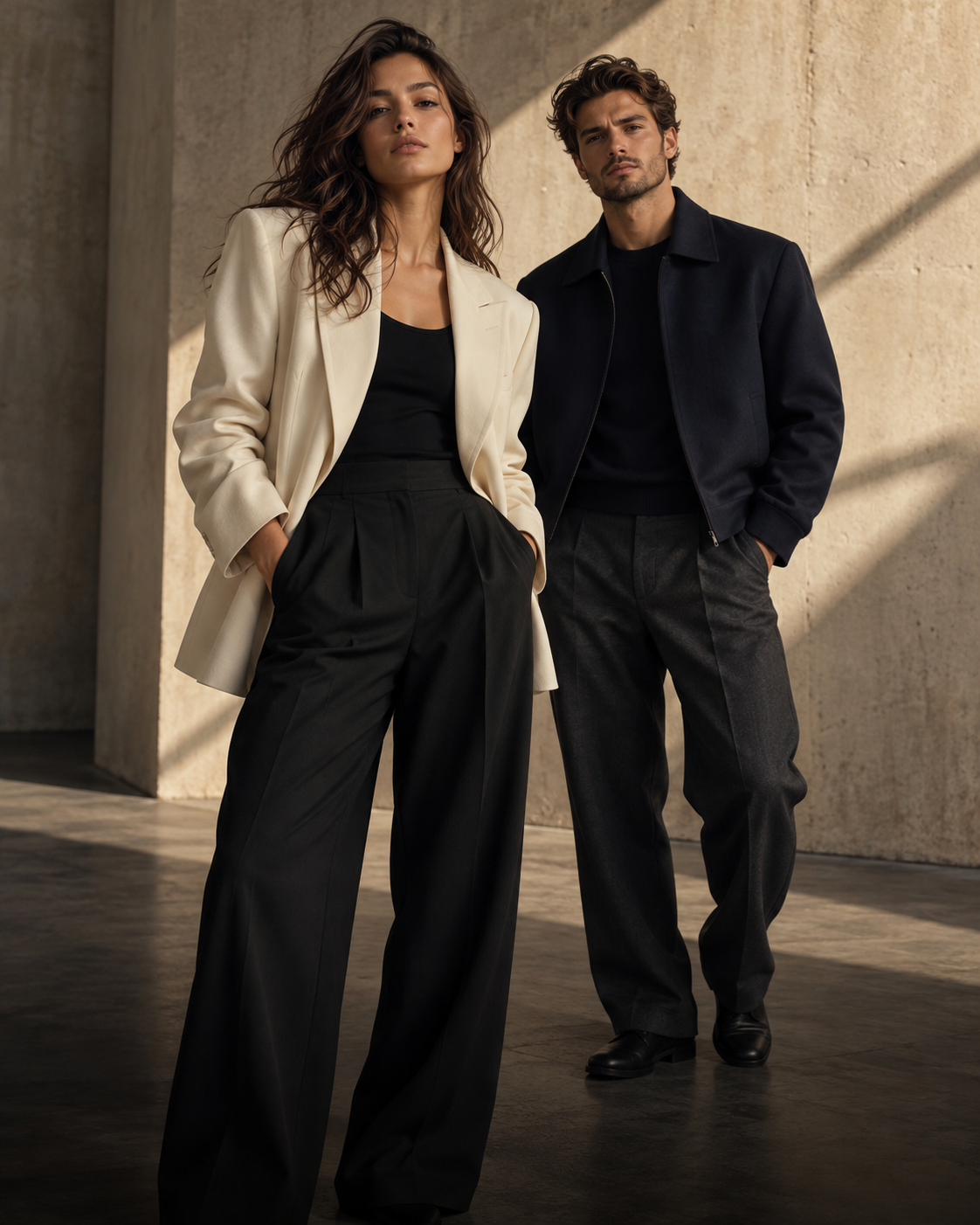 Men’s and women’s tailored navy and ivory looks in a sunlit architectural setting
